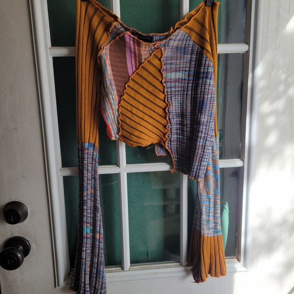 Urban Outfitters Patchwork Ribbed Knit Crop Top Long Flare Sleeve Multicolor S - Picture 2 of 6